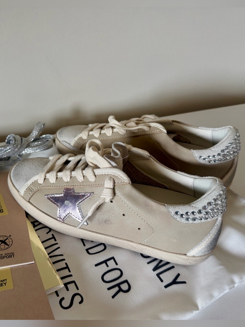 Beige Leather Low-Top Sneakers with purple Star and crystal heel